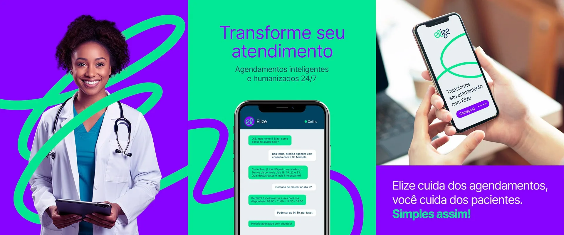 Banner da Elize com médica, celular e a frase Transforme seu atendimento