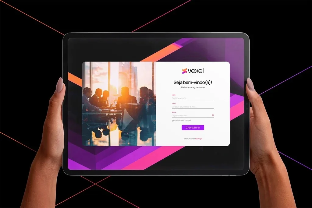 Tela de login da plataforma Vexel em um tablet